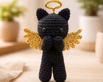 Crochet Praying Black Cat Angel Doll Amigurumi Handmade Cute Gothic Plush Toy Gold Wings Halo Gift Halloween Decor Custom Sizes