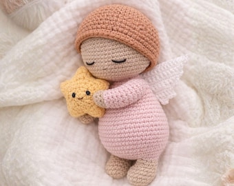 Handmade häkeln schlafenden Baby Engel Puppe Amigurumi Plüsch Stern Mond Spielzeug individuelle Outfit Hut Kinderzimmer Dekor Geschenk niedliches Kuscheltier