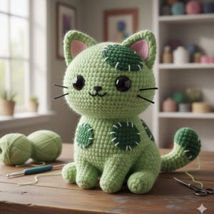 May include: A handmade green crochet cat with dark green patches and white stitching details. The cat has large black eyes, pink inner ears, and black whiskers. Yarn balls, a crochet hook, and scissors are on the wooden surface.