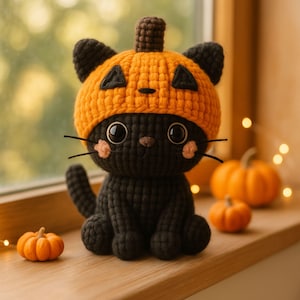 May include: A handmade black crochet cat wearing an orange pumpkin hat with black triangle cutouts. The cat has large eyes, whiskers, and pink cheeks. Small orange pumpkins are in the background. A cute Halloween decoration.