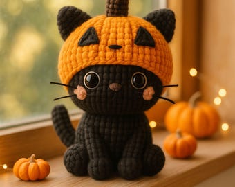 Pumpkin Hat Black Cat Crochet Plush Amigurumi – Halloween Kitty Handmade Stuffed Toy Kawaii Décor Gift, Sizes 4–10 inches
