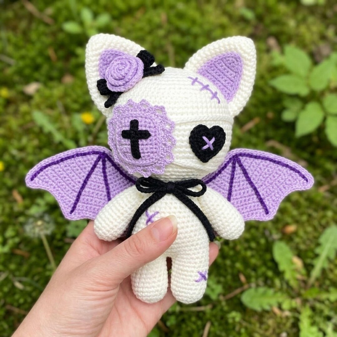 Gothic Bat Cat Crochet Doll Amigurumi Handmade Plush Cute Halloween Cat ...