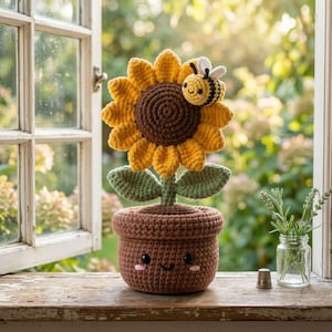 Virkad solroskruka med bi handgjord amigurumi-blomma i plysch, söt vårdekoration för barnkammaren, storlek 6-14 tum för skrivbordshyllan i hemmet