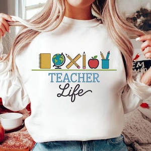 Teacher Life Embroidery Design – Back To School Icons Pencil Globe Apple Stitch File for Teachers, Classroom Gifts, Tote Bags & Apparel