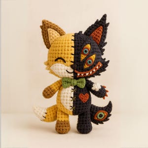 Puede incluir: Una muñeca de zorro de ganchillo hecha a mano, dividida por la mitad con un diseño amarillo y negro. El lado amarillo tiene una cara sonriente, mientras que el lado negro presenta múltiples ojos y una sonrisa. Tiene una pajarita verde y un corazón.