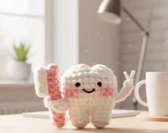Crochet Tooth Plush – Cute Dentist Gift Tooth Amigurumi with Toothbrush Handmade Smiling Tooth Toy Dental Office Decor 4–10 Inch Sizes