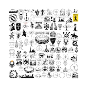 Puede incluir: Una colección de diseños gráficos en blanco y negro con varios símbolos, iconos y textos relacionados con El Señor de los Anillos, incluyendo el Anillo Único, Gandalf, Mordor y citas icónicas como You Shall Not Pass y My Precious.