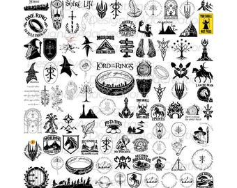Puede incluir: Una colección de diseños gráficos en blanco y negro con varios símbolos, iconos y textos relacionados con El Señor de los Anillos, incluyendo el Anillo Único, Gandalf, Mordor y citas icónicas como You Shall Not Pass y My Precious.