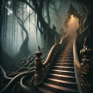May include: A detailed image of a golden staircase leading to a bright portal in a dark forest. The staircase features ornate carvings, set against a backdrop of large trees and hanging vines, creating a mystical and atmospheric scene.