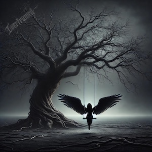 May include: A dark, shadowy tree with bare branches stands against a foggy background. A figure with wings sits on a swing hanging from the tree.