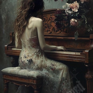 以下が含まれることがあります： 白い花柄のドレスを着た女性が、ピンクとワインレッドの花束を背に、ビンテージピアノに座っています。ピアノは、複雑な彫刻が施されたダークウッド製です。女性の髪は長く茶色で、右手でピアノを弾いています。