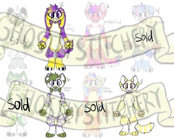May include: A digital character sheet featuring eight anthropomorphic animal designs in various color palettes, including purple, yellow, pink, green, and cream. Several figures are labeled with text such as sold, non-binary, and genderfluid.
