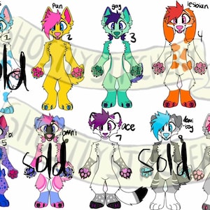 May include: A collection of nine cartoon-style anthropomorphic animals, each with unique color schemes and designs. The characters are labeled with terms like "trans," "Pan," "gay," and "lesbian." Some characters are marked as "sold."