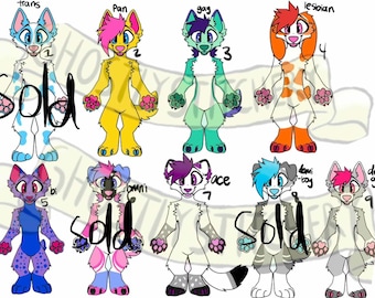 May include: A collection of nine cartoon-style anthropomorphic animals, each with unique color schemes and designs. The characters are labeled with terms like "trans," "Pan," "gay," and "lesbian." Some characters are marked as "sold."