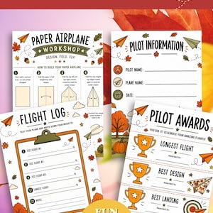 May include: A set of printable Paper Airplane Workshop activity sheets featuring instructions, a pilot information form, a flight log, and pilot awards. The documents include autumn-themed illustrations of pumpkins, trees, and leaves with text.