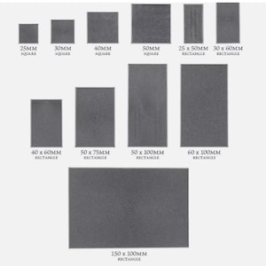 May include: A set of gray square and rectangular tiles in various sizes, including 25mm, 30mm, 40mm, 50mm, 40 x 60mm, 50 x 75mm, 50 x 100mm, 60 x 100mm, and 150 x 100mm.