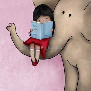 Girl reading a book on an elephant art print,Girl reading books wall art,book art nursery,book corner child room,8x10 nursery art image 4