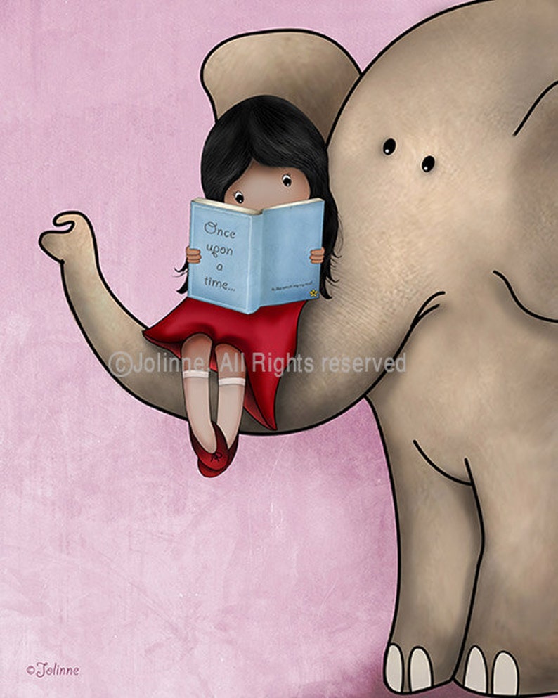 Girl reading a book on an elephant art print,Girl reading books wall art,book art nursery,book corner child room,8x10 nursery art image 4