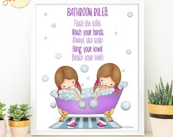 Bathroom wall decor kid,Bathroom rules wall decor,Bathroom wall art sisters,Wash your hands wall art kids,Sisters bathroom poster