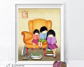 Kids reading books posters,Children's reading room decor,Book nook wall art,School library wall art,Teachers gift of art,Girls boys prints