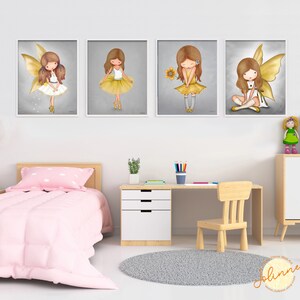 Wall art for girls room, Yellow Gray Artwork, Childrens wall decor, Art for nursery, kids room picture,  drawing angel ballerina,baby shower