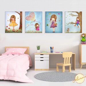 Obras de arte para habitaciones de niños, decoración de arte de pared de habitación de niñas, ideas de guardería para niñas, carteles para habitaciones de niños, color de piel de cabello personalizado, niña