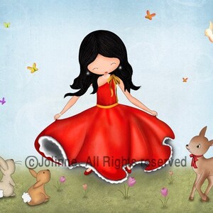 May include: A young girl in a red dress with a white lace trim dances in a field with two brown rabbits and a fawn. The girl has long black hair and is wearing a gold bow on her shoulder. The background is a light blue sky with white clouds and butterflies.