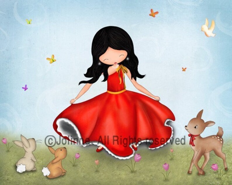 May include: A young girl in a red dress with a white lace trim dances in a field with two brown rabbits and a fawn. The girl has long black hair and is wearing a gold bow on her shoulder. The background is a light blue sky with white clouds and butterflies.