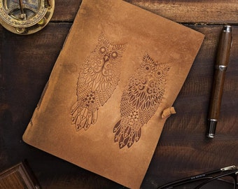 Owl Embed Genuine Leather Journal 8" X 6" graduation Christmas gift for students artists travelers notebook men and women Vintage Paper