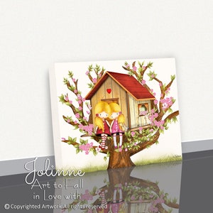 May include: Two blonde girls with pink dresses and red and white striped stockings sit on a treehouse with a red roof. The treehouse is in a tree with pink flowers. The image is titled "Art to Fall in Love with".