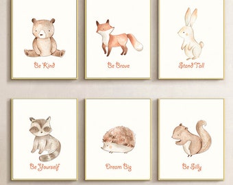 Set of 6 pictures for baby room,Nursery wall art,Newborn room art,Be brave,Be kind,Nursery animals prints,Unisex nursery art