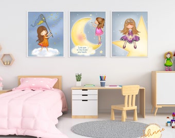 3 set of prints for girls room, granddaughter bedroom art, Girls room posters set,Pictures for girls room,Toddler girl room art