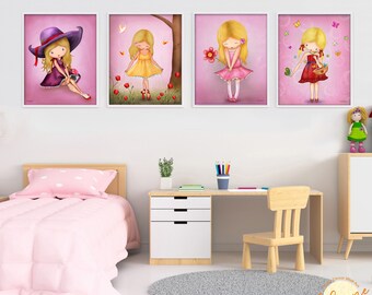 Juego de 4 carteles para habitación de niñas, decoraciones para habitación de niños, obras de arte para niños, decoración de guardería para niñas, decoración de pared de guardería para bebés, obras de arte para niños.