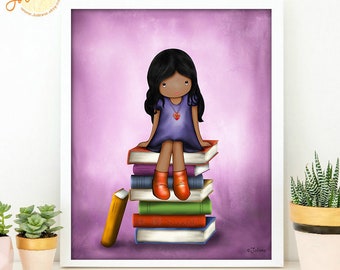Girl on books wall art, kids room art, childrens art print