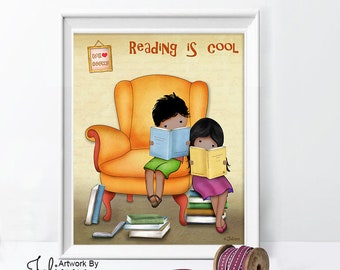 Reading is cool kids wall art poster,Children library picture,book lover wall art,Kids school poster,Reading books wall art,Book nook poster