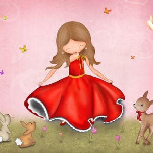 May include: A young girl in a red dress with a white lace trim stands in a pink background with butterflies and two bunnies. A fawn with a red ribbon is standing to the right of the girl.