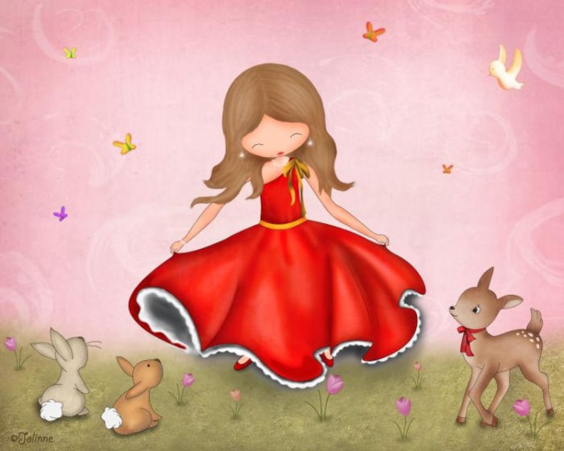 May include: A young girl in a red dress with a white lace trim stands in a pink background with butterflies and two bunnies. A fawn with a red ribbon is standing to the right of the girl.