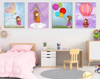 Pictures for girls room,set of 4 pictures for girls bedroom,Toddler girl room art,posters set girls,kids wall art prints set