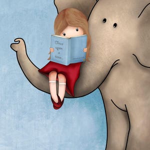 Girl reading a book on an elephant art print,Girl reading books wall art,book art nursery,book corner child room,8x10 nursery art image 5