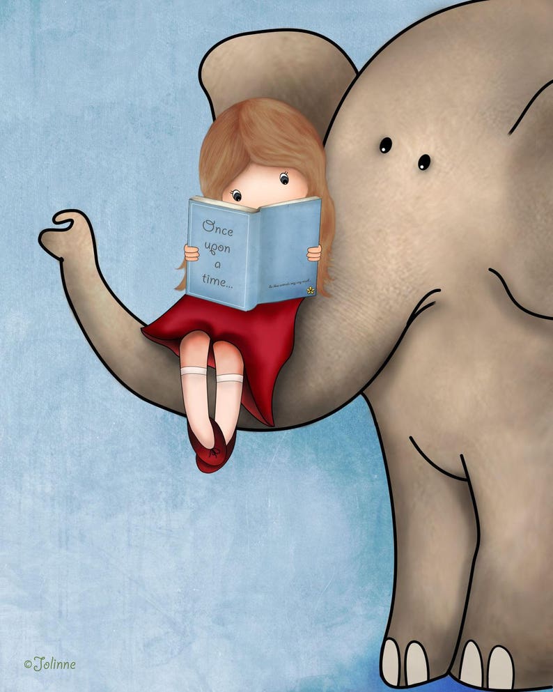 Girl reading a book on an elephant art print,Girl reading books wall art,book art nursery,book corner child room,8x10 nursery art image 5