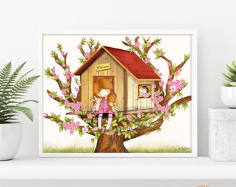 Art print for toddler,Tree house wall art,Girls room decor,Girls room art print,Poster for girls room,Tree house nursery poster