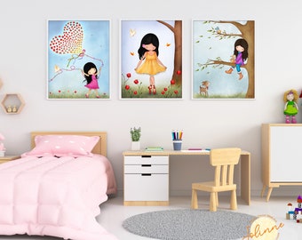 Kids Room Art, Kids Room Decor, Set of 3 art prints, Custom hair skin color, Gift for Kids, Nursery Art, Nursery Prints, Personalized Gift