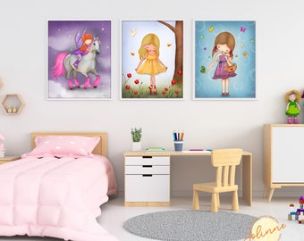 Girls bedroom pictures set,Kids room decor,Posters set for girl room,Toddler girl room art prints,Granddaughter room decor