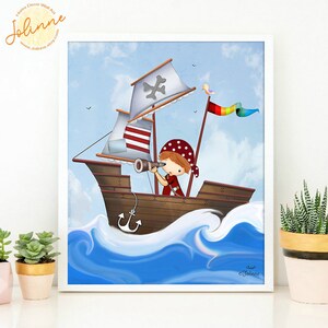May include: A digital illustration of a pirate on a ship with a rainbow flag. The pirate is wearing a red bandana and holding a telescope. The ship is sailing on blue water with white waves.