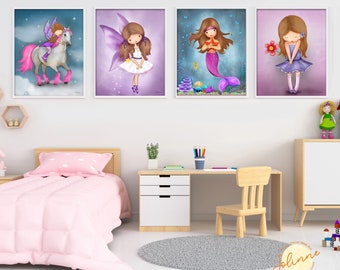 Set of 4 pictures for girls room,Girls room posters set,Childrens room posters,Wall art for kids room,Wall art for girls room