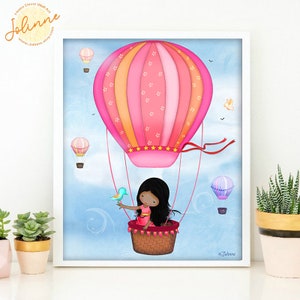 May include: A digital illustration of a girl with long black hair riding in a hot air balloon. The balloon is pink and orange with white stars and is flying in a blue sky with white clouds. The girl is wearing a pink dress and holding a blue bird.