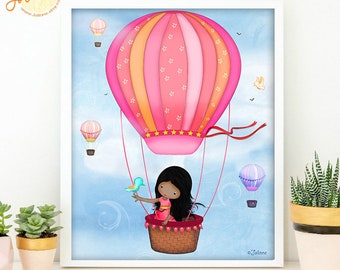 Hot air balloon girls wall art,Poster for Kids bedroom,Baby nursery decor,playroom picture,african american girl,custom hair skin color