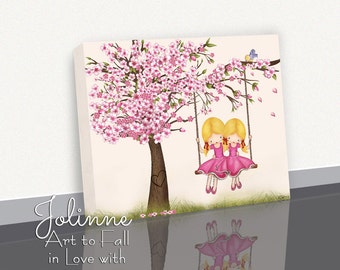 Twin baby girl nursery art,cherry blossom canvas art for sisters room,toddler girls canvas picture,personalize gift twin,11x14 print sisters