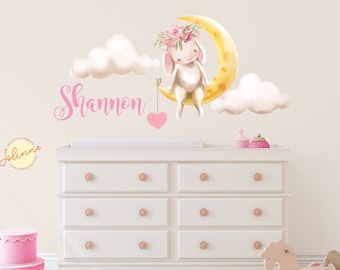 Newborn girl decor,Wall decals for baby girl, Cute bunny on moon wall sticker,Custom baby name for wall, toddler bedroom wall art