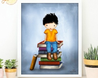 Boys room poster,Reading books art for boys room,Books wall art,Boy book nook poster,Kids poster,Boys nursery art, wall art for library